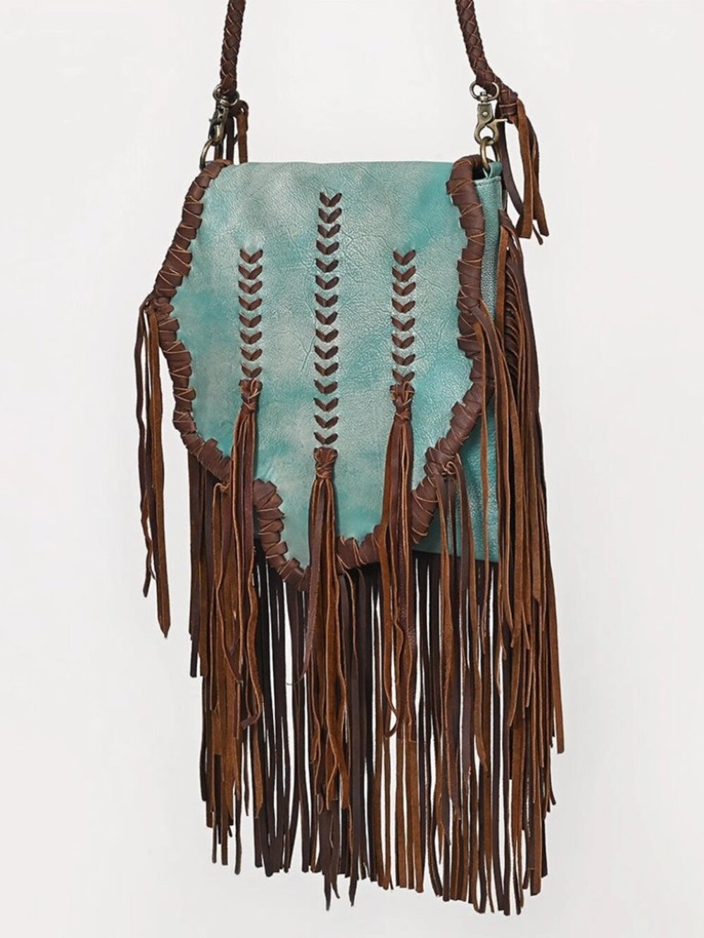 Turquoise & Brown Genuine Leather Fringe Messenger Bag with Braided Detail